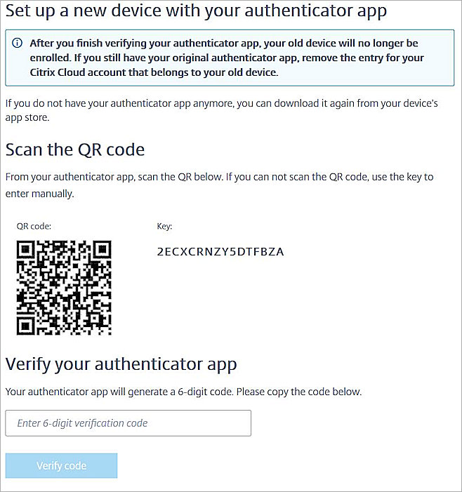 Screen shot of the Set up a new device with your authenticator app page
